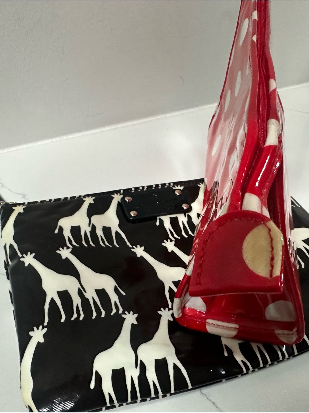 Kate Spade 2 make up pouches: Polka Dot Red & Giraffe Black Patent Pouch Set - Picture 6 of 8